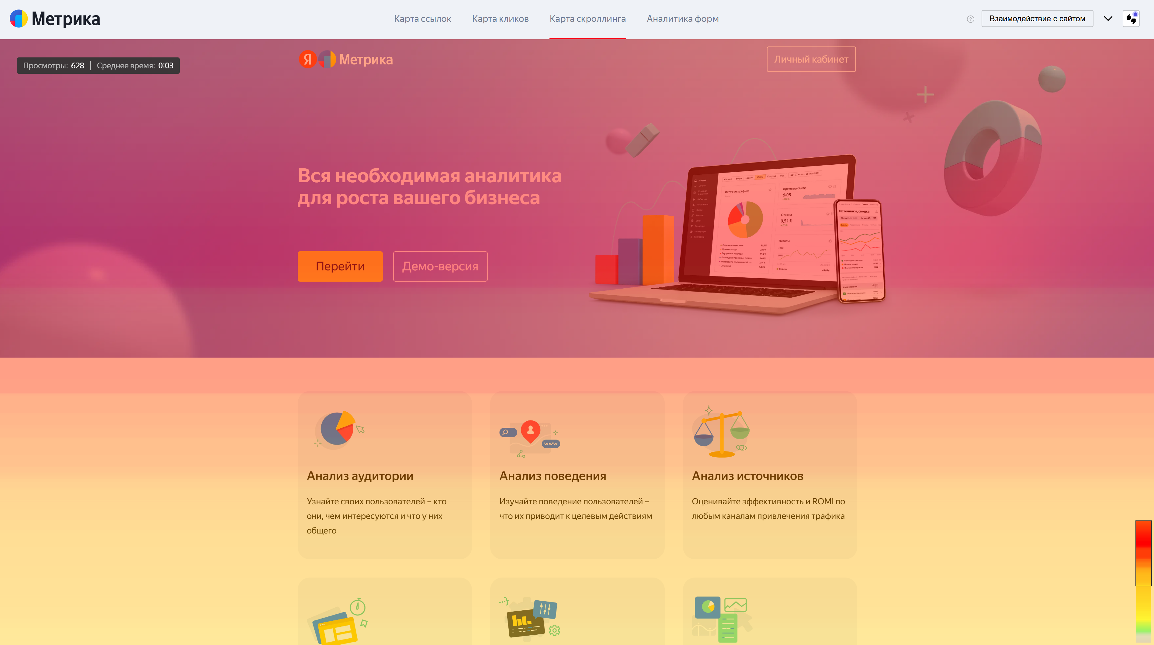 Карта скроллинга. Источник: демо-счётчик Яндекс Метрики